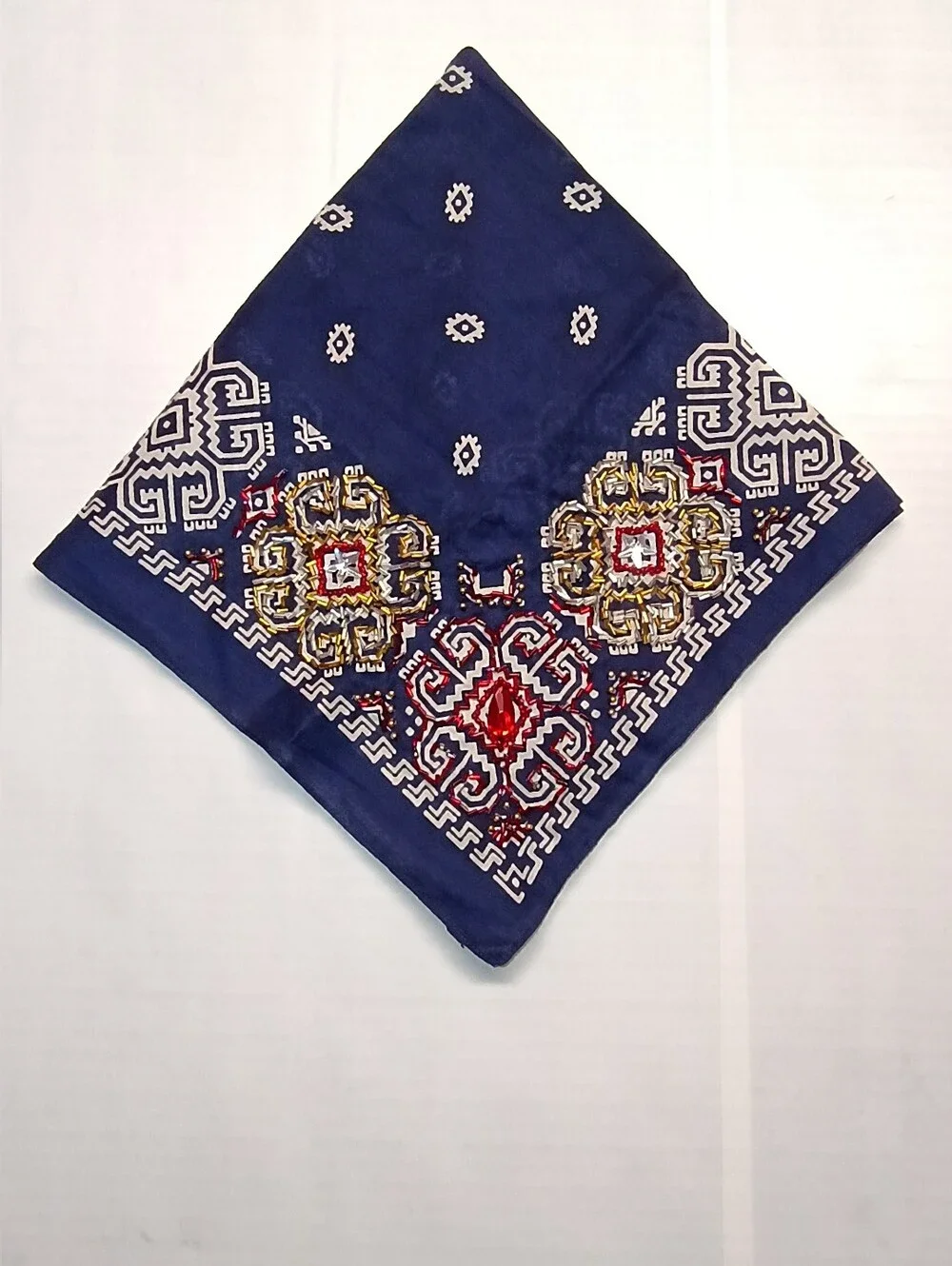 Vintage Bandana Navy Blue With Beadwork 100% Cotton